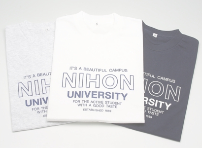 日大グッズ　ウェア　NIHON UNIVERSITY文字入りTシャツ　白・アッシュ・紺